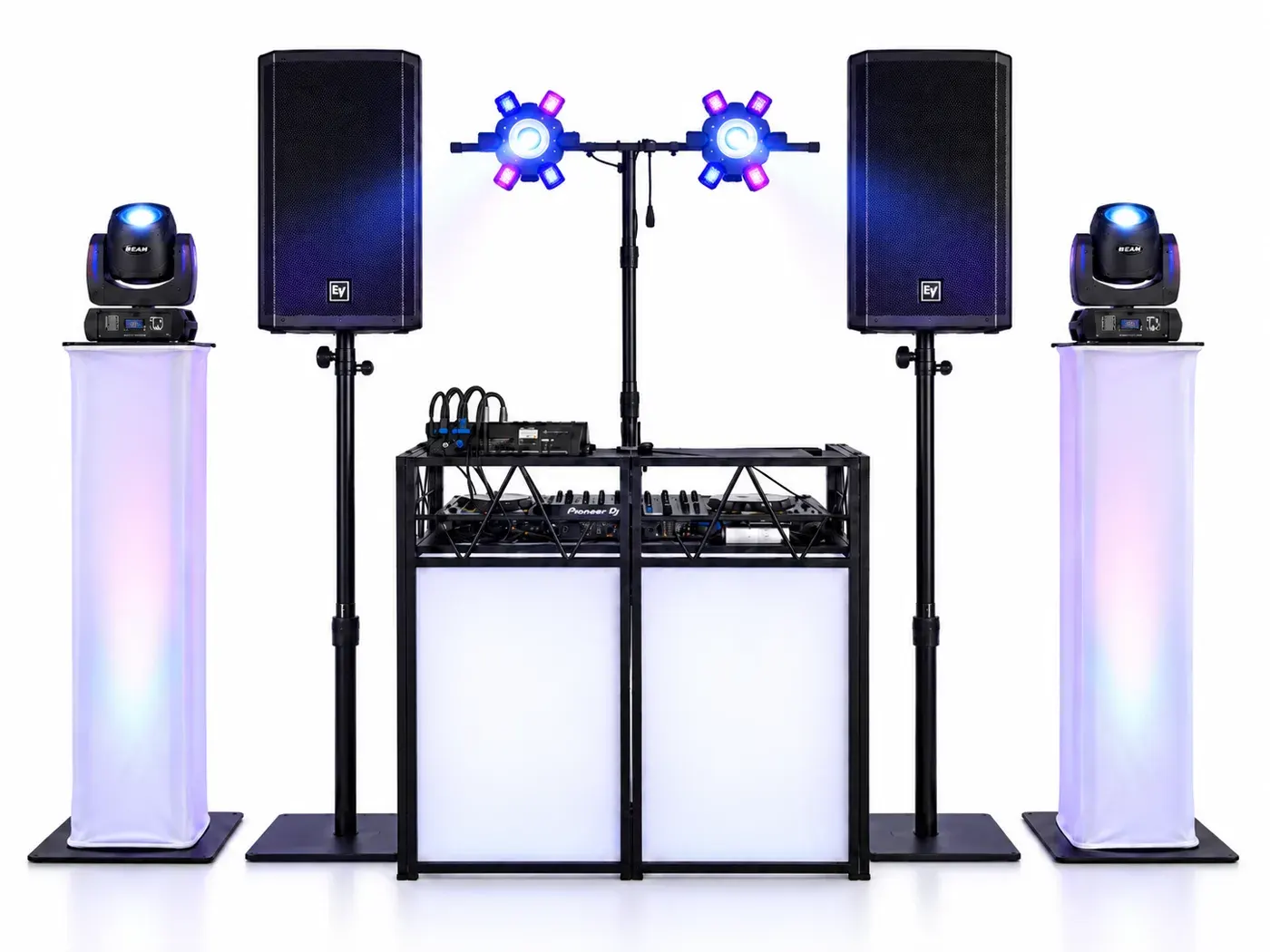 Basic package: 2 EV ZLX-15P-G2 speakers on stands, 2 Spider lights on a stand · 2 MINGJIE on totems · 1 LED backlight