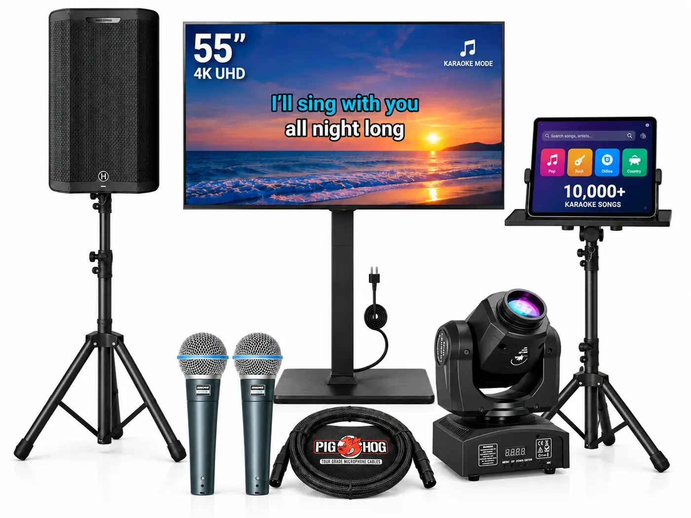 Karaoke 1: 1 Harbinger V4415 speaker on a stand, 5-in-1 DJ lighting system with its stand, 55-inch TV on a mobile stand · iPad with 10,000+ songs